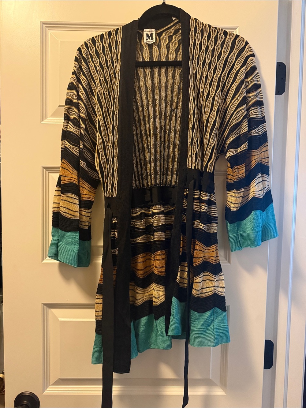 NWOT Missoni Striped Belted Knit Cardigan in Black, Gold & Teal